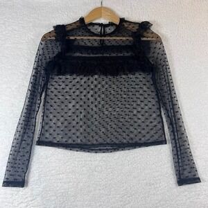 Y2K Sheer Mesh Polka Dot Ruffle Top Black Fairy Grunge Coquette Small